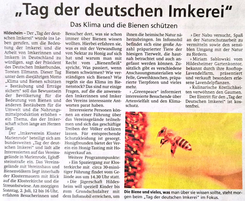 Zeitungsbericht über die Veranstaltungen beim Tag der deutsche Imkerrei auf dem Lehrbienenstand Kloster Marienrode